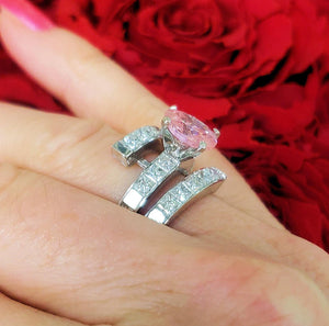 18k White Gold 9x7mm Oval Pink 3.00ct Princess Cut Diamond Ring