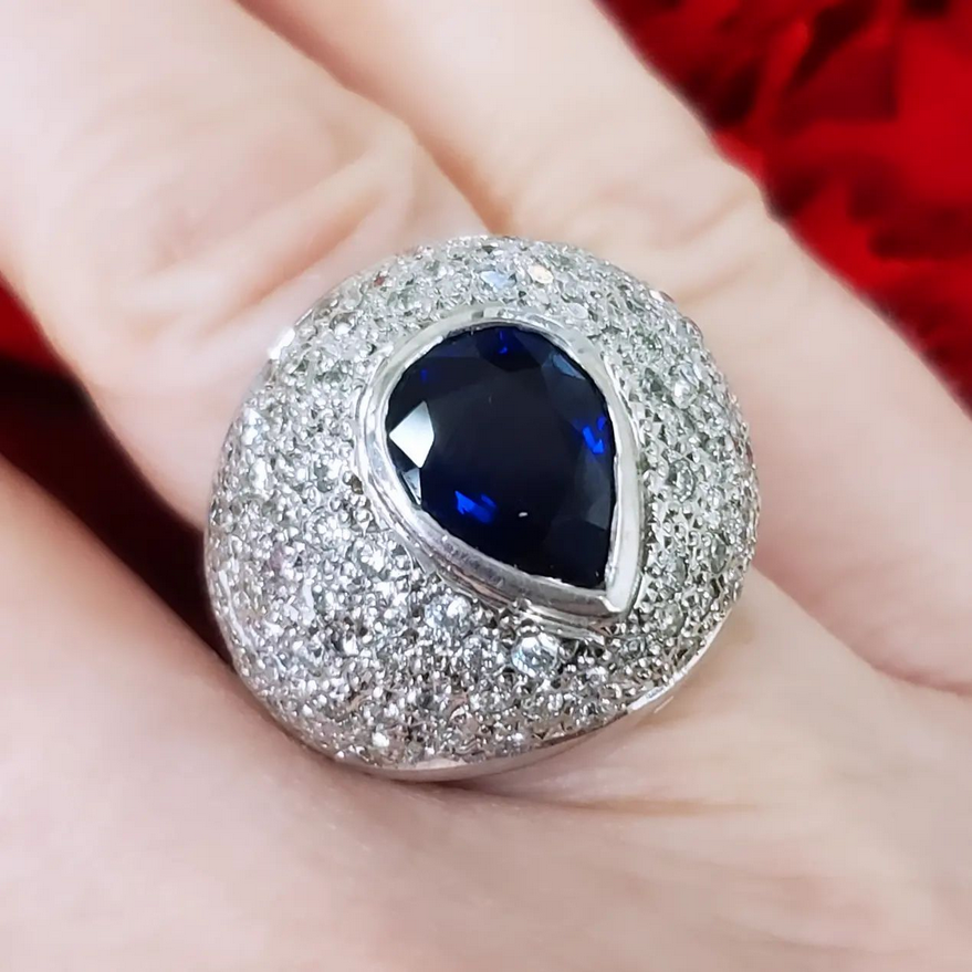 18k White Gold 3.00ct Pear Blue Sapphire 2.00ct Diamond Statement Ring