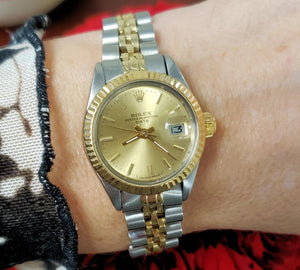 Ladies 26mm Rolex Date 18k Yellow Gold & Stainless Steel Two Tone Jubilee 6916