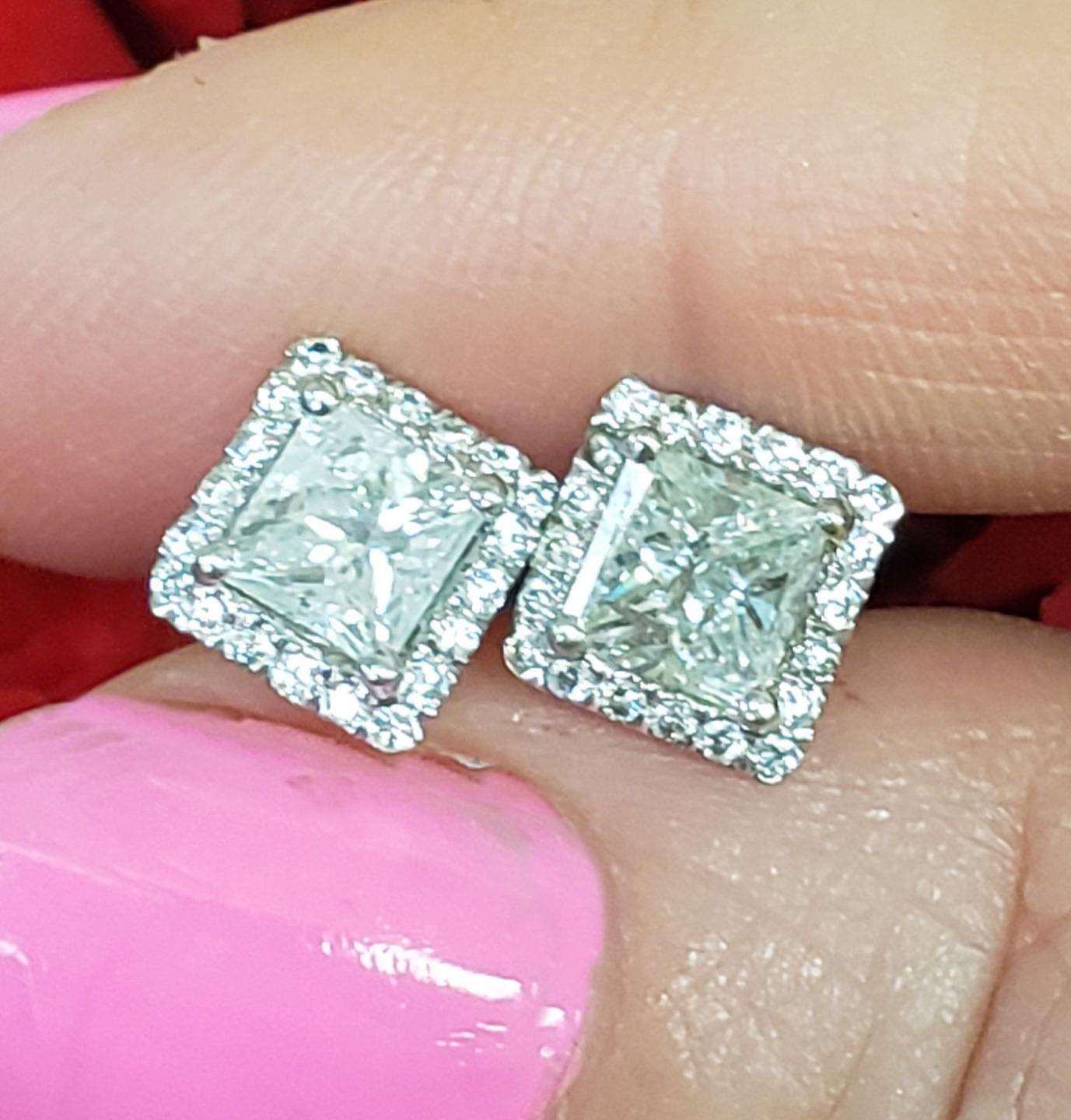 2.00ct T.W. Princess Diamond Halo Stud Screw Back Earrings in 14k White Gold