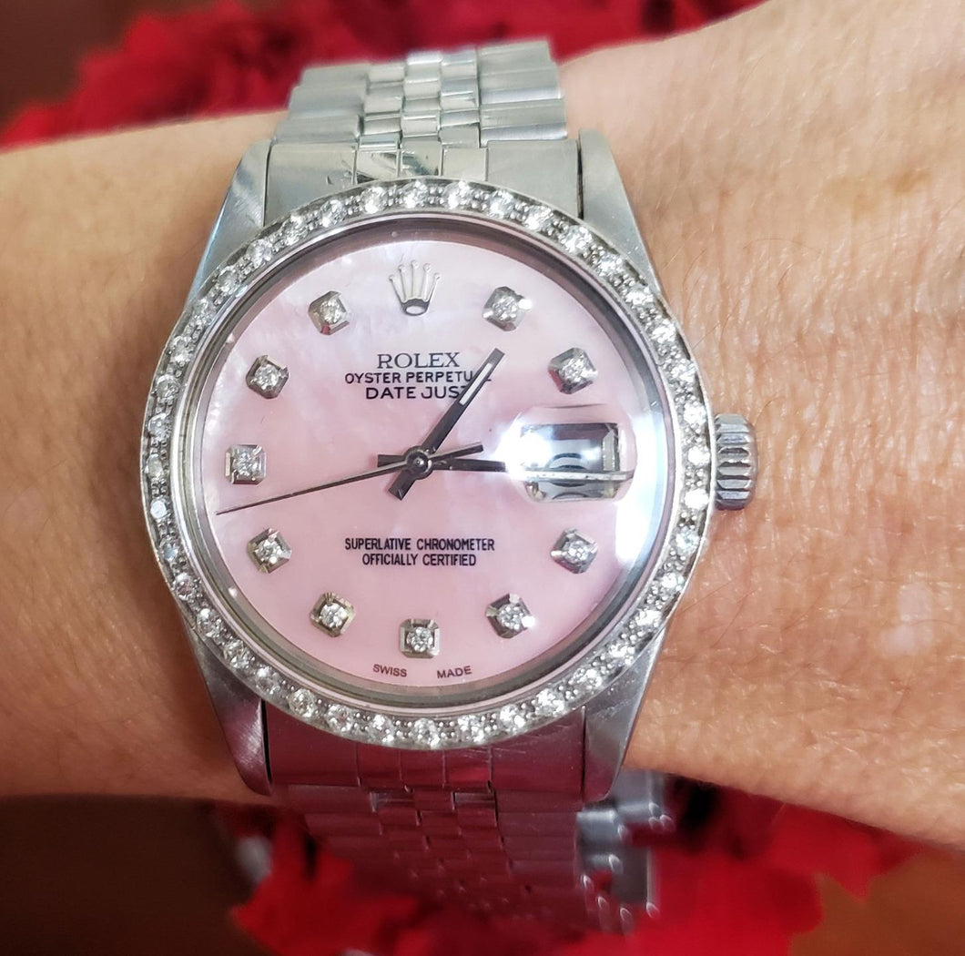 36mm Rolex Datejust 16030 Stainless Steel Jubilee Band Pink MOP Dial Diamonds