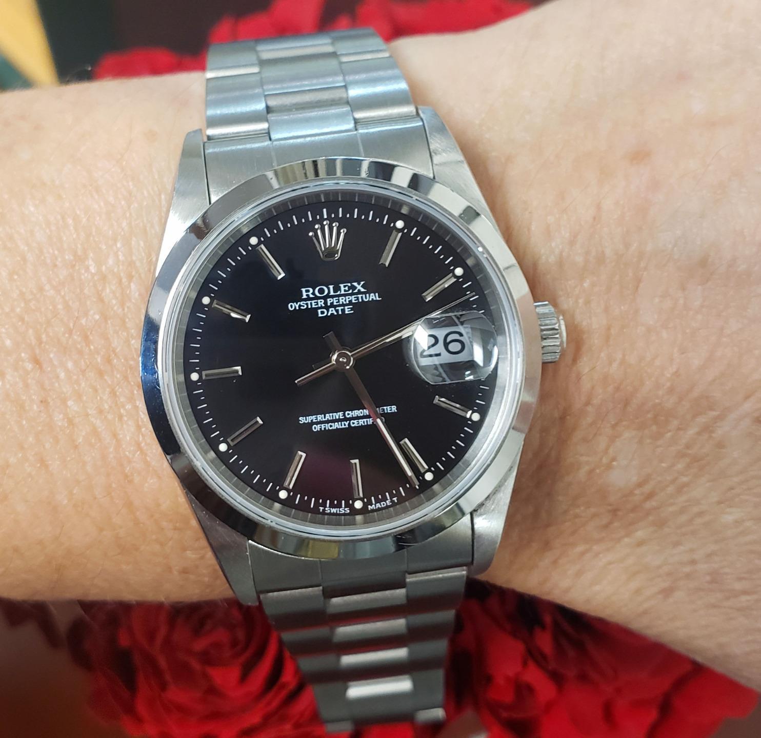 34mm Rolex Date 1996 Stainless Steel Oyster Perpetual Auto Black Dial 15200
