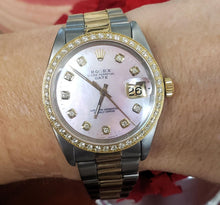 Load image into Gallery viewer, 34mm Rolex Date Two Tone Pink MOP Diamond Oyster Steel Yellow Gold Automatic
