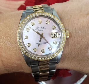34mm Rolex Date Two Tone Pink MOP Diamond Oyster Steel Yellow Gold Automatic