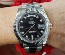 Load image into Gallery viewer, 41mm Rolex Day-Date II President Diamond Black Dial 18k Gold Fluted Bezel 218349
