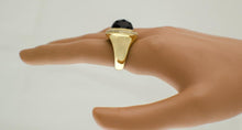 Load image into Gallery viewer, 14k Yellow Gold Beveled Cut Oval Brown Topaz Halo Statement Ring
