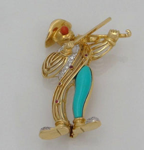 18k Yellow Gold Diamond Ruby Coral Turquoise Clown Violinist Pin Brooch