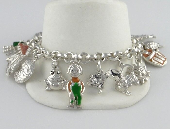 925 Sterling Silver Enamel Circle Link 14 Charm Bracelet 61.5g