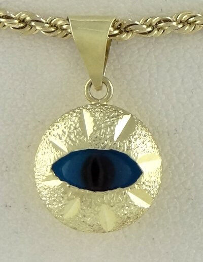 14k Yellow Gold Blue Black Diamond Cut Eye Pendant