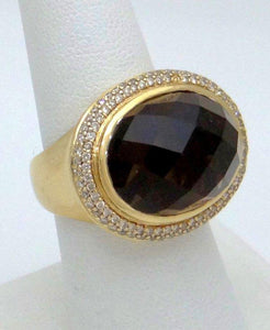 14k Yellow Gold Beveled Cut Oval Brown Topaz Halo Statement Ring