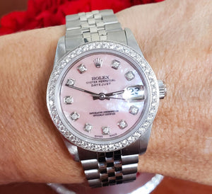 Ladies 31mm Mid-Size Rolex Datejust Stainless Jubilee 1ct Diamond Pink MOP 68274