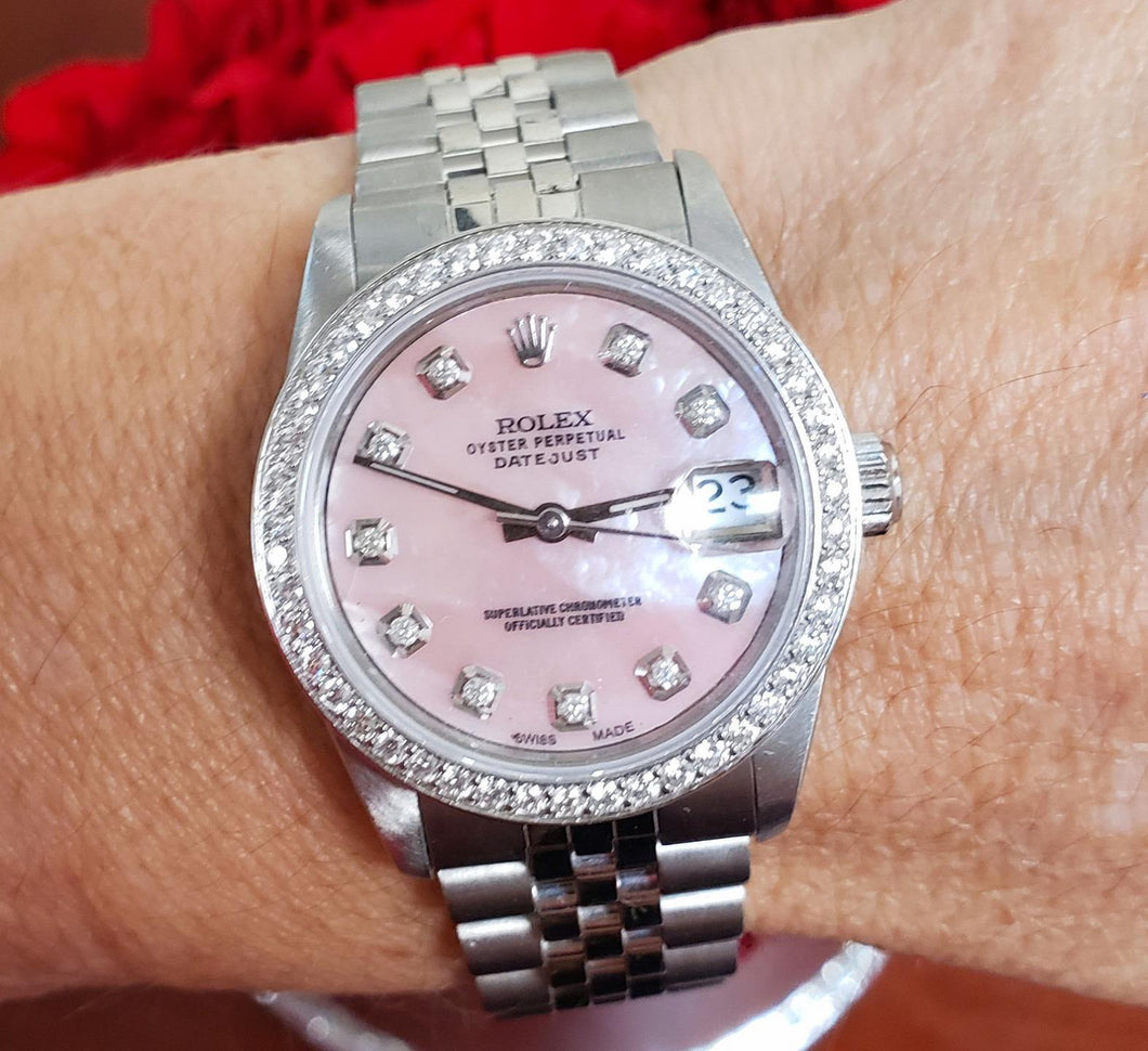 Ladies 31mm Mid-Size Rolex Datejust Stainless Jubilee 1ct Diamond Pink MOP 68274