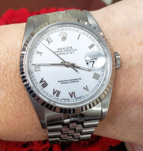 36mm Rolex Datejust Stainless Steel Jubilee White Roman Dial Automatic 16220