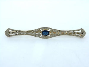 LADIES 10K YELLOW WHITE GOLD VINTAGE 1/4ct OVAL BLUE CZ PIN BROOCH 2.6g 2.18"