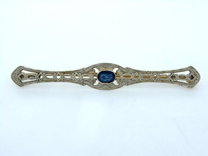 LADIES 10K YELLOW WHITE GOLD VINTAGE 1/4ct OVAL BLUE CZ PIN BROOCH 2.6g 2.18