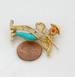 18k Yellow Gold Diamond Ruby Coral Turquoise Clown Violinist Pin Brooch