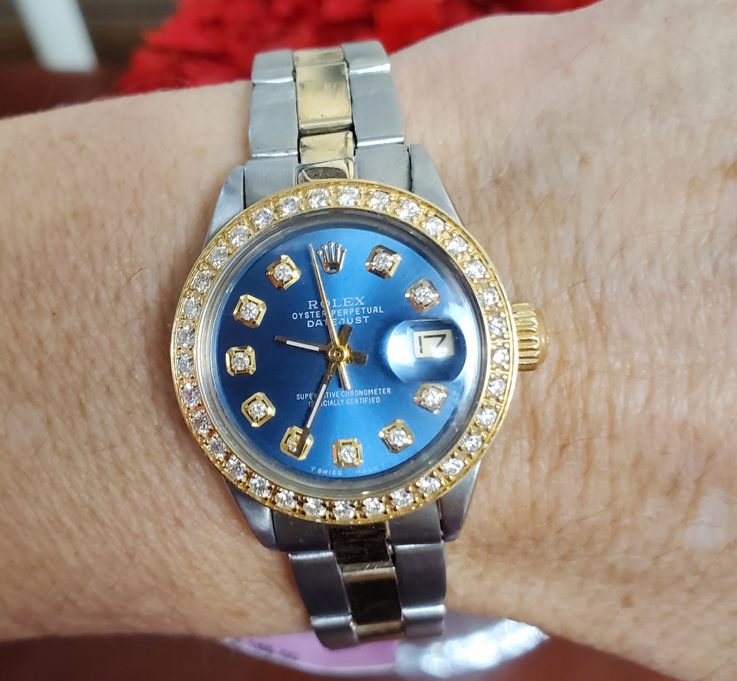 Ladies 26mm Rolex Datejust Two Tone Oyster Blue Diamond Dial Bezel Auto 6917