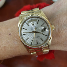 Load and play video in Gallery viewer, 36mm Rolex Day-Date President 18k Yellow Gold Sapphire Quickset Tapestry 18038
