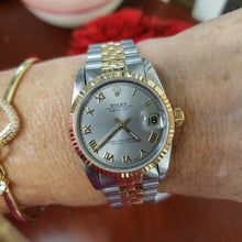 Load and play video in Gallery viewer, Ladies 31mm Rolex Datejust Two Tone Midsize Jubilee Grey Roman Sappire 68273
