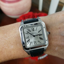 Load and play video in Gallery viewer, Cartier Santos Dumont Stainless Steel Silver Roman Quartz Navy Alligator Watch WSSA002
