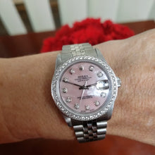 Load and play video in Gallery viewer, Ladies 31mm Mid-Size Rolex Datejust Stainless Jubilee 1ct Diamond Pink MOP 68274
