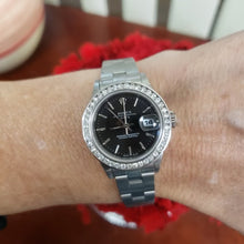 Load and play video in Gallery viewer, Ladies 26mm Rolex Date Stainless Steel Oyster Black Dial Diamond Quickset 79160
