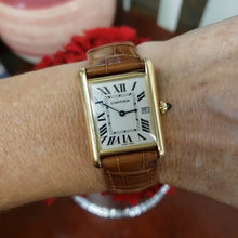 Load and play video in Gallery viewer, Cartier Tank Loius 18k Yellow Gold 25mm 2441 Tan Leather Cream Dial Quartz Watch
