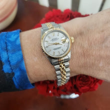 Load and play video in Gallery viewer, Ladies 26mm Rolex Datejust MOP Baguette Diamond Two Tone Jubilee Quickset 69173

