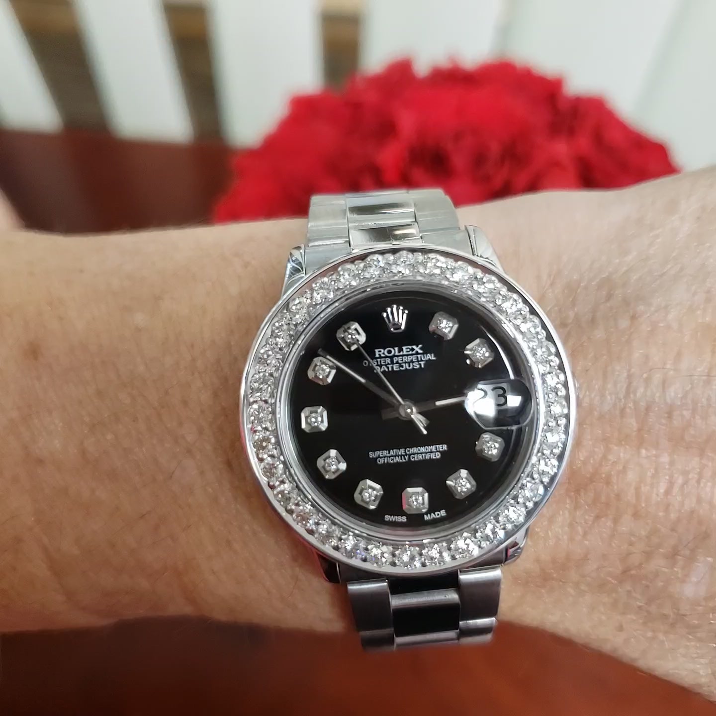 Ladies 31mm Rolex Datejust Mid Size Steel Oyster Black 2ct Diamond Pap Sumpters Jewelry