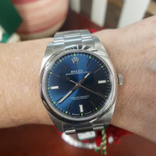Load and play video in Gallery viewer, Complete Set 39mm Rolex Oyster Perpetual SS Blue Dial Oyster Band Auto 114300
