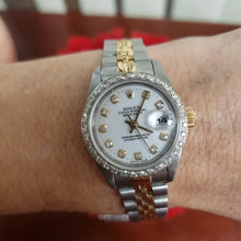 Load and play video in Gallery viewer, Ladies 26mm Rolex Datejust White Diamond Dial Bezel 18k &amp; Steel Jubilee 79173
