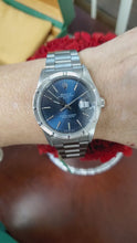 Load and play video in Gallery viewer, Rolex Date 34mm 15210 Steel Engine Turn Bezel Blue Dial 2000 Boxes Papers
