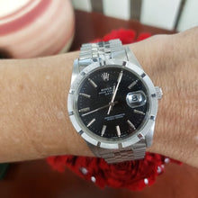 Load and play video in Gallery viewer, 34mm Rolex 1990 Date Stainless Steel Jubilee Quickset Sapphire Black Dial 15210
