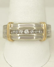 Load image into Gallery viewer, Mens 10k Two Tone Gold 1/5ct Round Diamond Seven Stone Ribbed Wedding Band Ring
