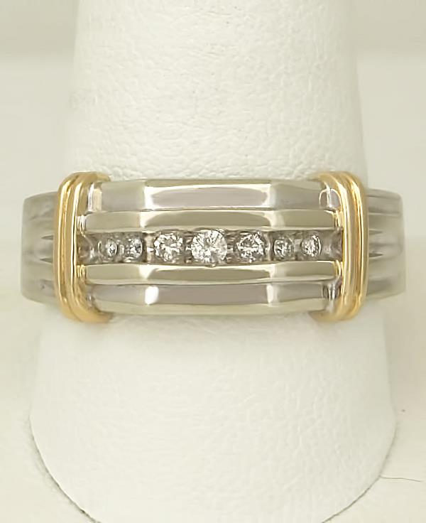 Mens 10k Two Tone Gold 1/5ct Round Diamond Seven Stone Ribbed Wedding Band Ring