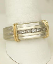 Load image into Gallery viewer, Mens 10k Two Tone Gold 1/5ct Round Diamond Seven Stone Ribbed Wedding Band Ring
