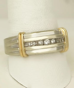 Mens 10k Two Tone Gold 1/5ct Round Diamond Seven Stone Ribbed Wedding Band Ring