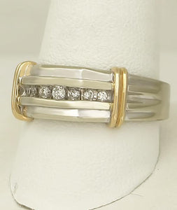 Mens 10k Two Tone Gold 1/5ct Round Diamond Seven Stone Ribbed Wedding Band Ring