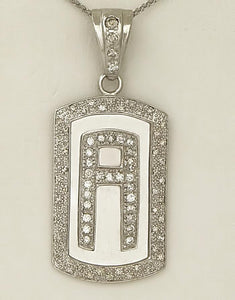 14k White Gold 2 1/2ct Round Diamond Letter "A" Initial Dog Tag Pendant