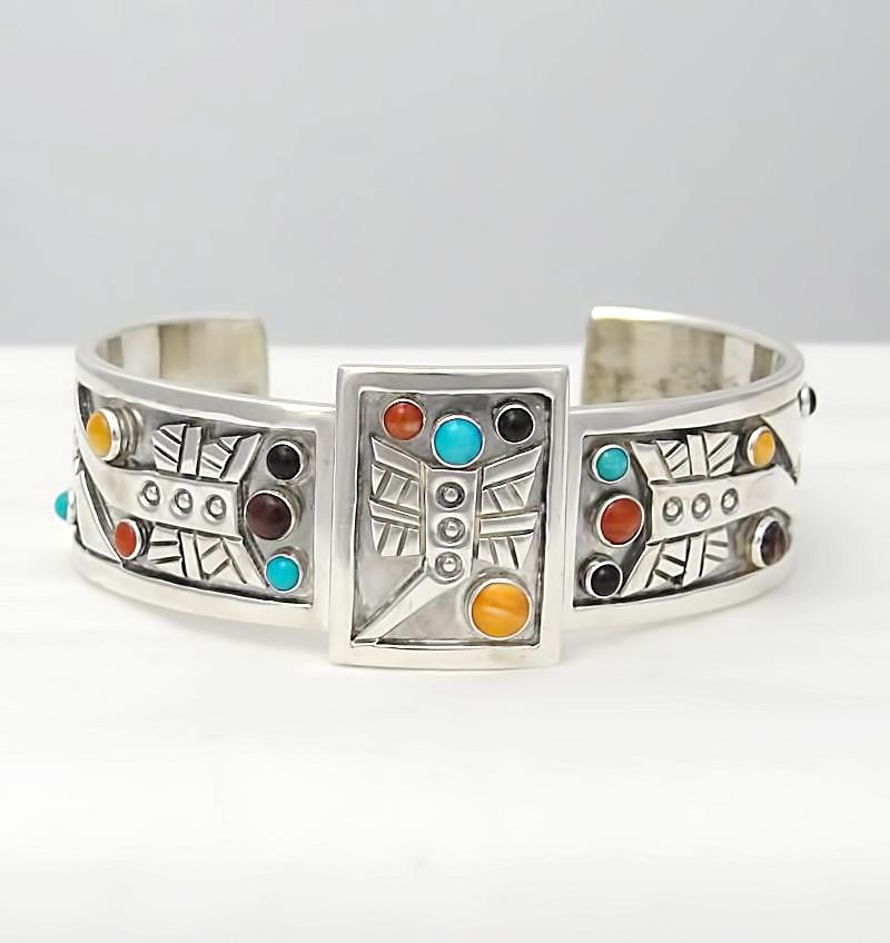Aaron John Sterling Silver Cabochon Stone Tribal Cuff Bracelet 57.3g 6 1/2
