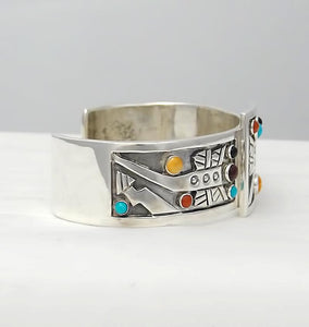 Aaron John Sterling Silver Cabochon Stone Tribal Cuff Bracelet 57.3g 6 1/2"