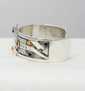 Aaron John Sterling Silver Cabochon Stone Tribal Cuff Bracelet 57.3g 6 1/2"