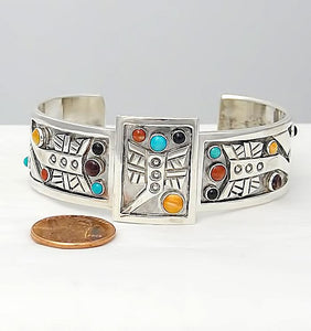 Aaron John Sterling Silver Cabochon Stone Tribal Cuff Bracelet 57.3g 6 1/2"