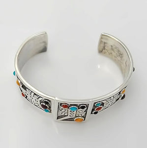 Aaron John Sterling Silver Cabochon Stone Tribal Cuff Bracelet 57.3g 6 1/2"