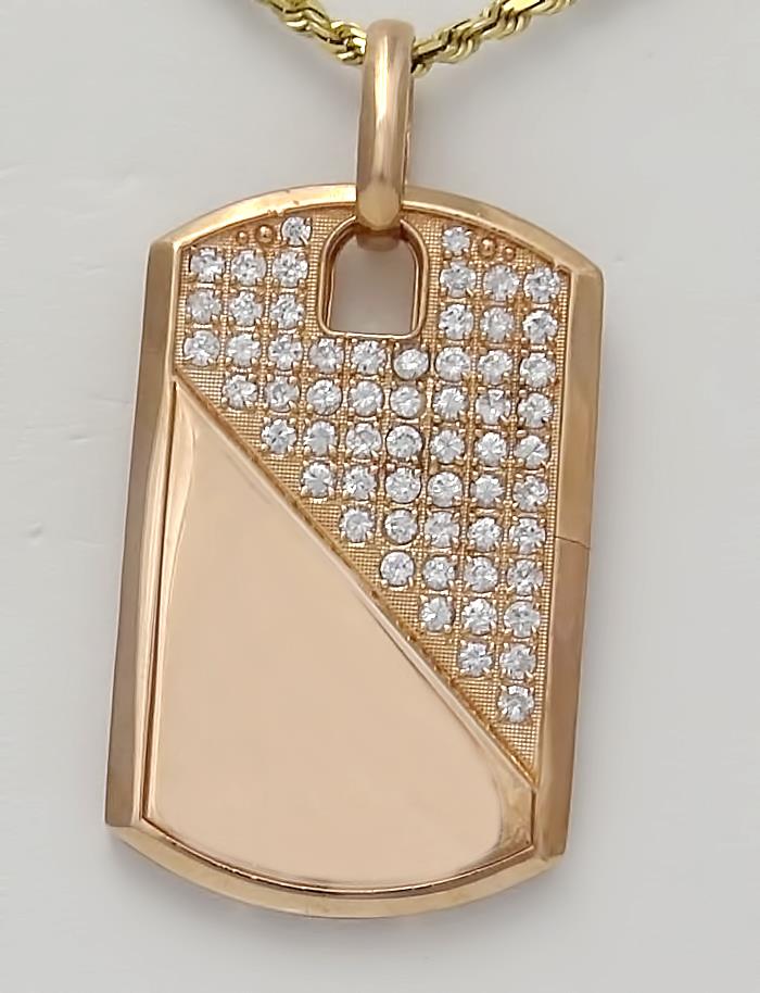 Mens 10k Rose Gold 2.00ct Round CZ Gallery Back Dog Tag Pendant 2.55