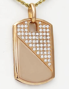 Mens 10k Rose Gold 2.00ct Round CZ Gallery Back Dog Tag Pendant 2.55"