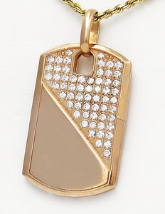 Mens 10k Rose Gold 2.00ct Round CZ Gallery Back Dog Tag Pendant 2.55"