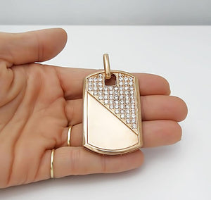 Mens 10k Rose Gold 2.00ct Round CZ Gallery Back Dog Tag Pendant 2.55"