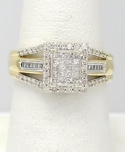 10k Yellow Gold 1/2ct Princess Round Baguette Cut Diamond Halo Ring