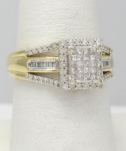 10k Yellow Gold 1/2ct Princess Round Baguette Cut Diamond Halo Ring